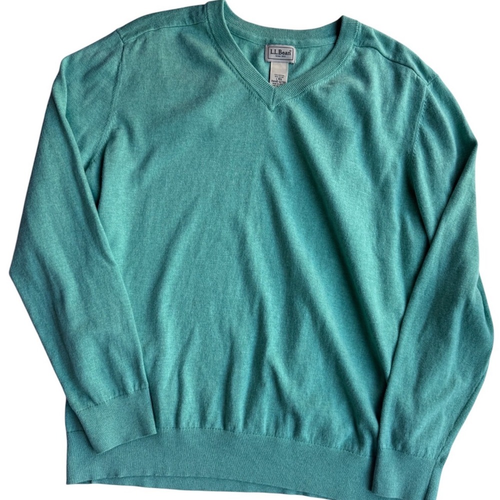 LL Bean Mens V-Neck Sweater Seafoam Green Cotton Nylon Blend Pullover 527301 L-R